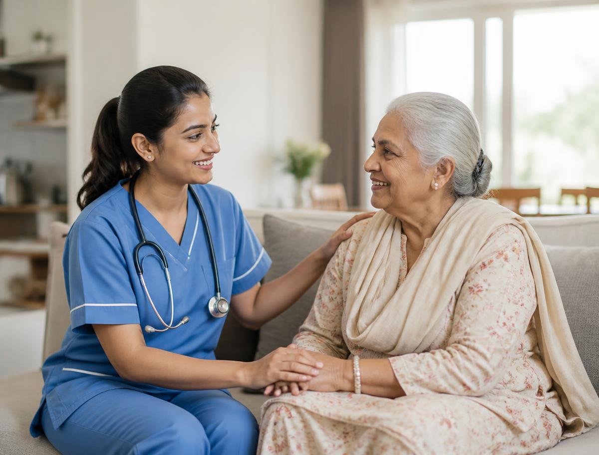 Nurse in blue scrubs caring for an elderly patient at home